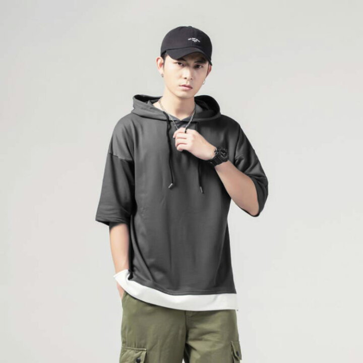 楽天市場 重ね着風 プルオーバーパーカ 半袖 Tシャツ フード付き 半袖 パーカー パーカ プルオーバーパーカー メンズ トップス 半袖tシャツ レイヤード風 カットソー 薄手 夏男 夏服 夏物 送料無料 福見る店