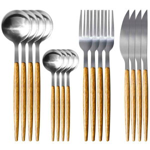 16本 カトラリーセットスプーン フォーク セット 4人用 ステンレス模造木製ハンドル キャンプ おしゃれ 衛生 丈夫 鏡面仕上げ 食器洗い機対応 アウトドア レストラン用 家庭用