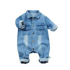 Burning Go ベビー服 デニムロンパース 赤ちゃん オーバーオール 新生児 子供服 オールインワン 柔らかい ふわふわ ジャンプスーツ 女の子 男の子 前開き 長袖 幼児 かわいい 春 夏 秋