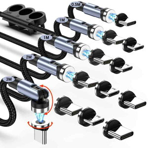 �}�O�l�b�g �[�d�P�[�u�� �y5�{�Z�b�g/0.5+1Mx2+2M+3M��12�R�l�N�^�z LED���C�g���� USB�P�[�u�� 3in1 �[�d�� �}�O�l�b�g 540°��]�\ �}���[�d �h�o USBC Micro USB Phone �S�@��/PlayStatio