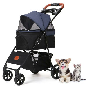 Aikenn 犬用ベビーカー 小型犬 折り畳み ペットキャリーカート ペットバギーミニ 4輪タイプ 犬介護用 猫犬兼用 前輪360°回転 後輪ブレーキ付 飛び出し防止 軽量 ワンタッチ開閉 組み立て簡単