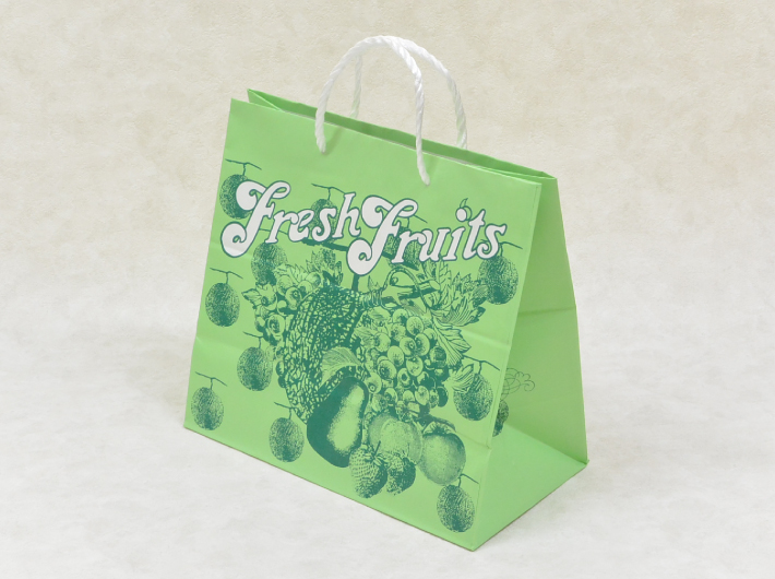 グリーン 紙袋 H55T フルーツ 320×170×300ｍｍハイバック 片艶晒 100g m2 緑 ミドリ ポリ紐 果物 贈答 底広い 紙 袋 販売 フルーツ柄 手提げ バッグ