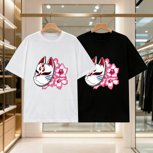 狐のお面と桜の和風ピンク メンズ レディース ブラック 黒 ホワイト 白 トップスカジュアル シンプル Tシャツ 半袖