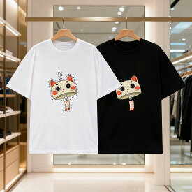 楽しい猫の風鈴プリント メンズ レディース ブラック 黒 ホワイト 白 トップスカジュアル シンプル Tシャツ 半袖
