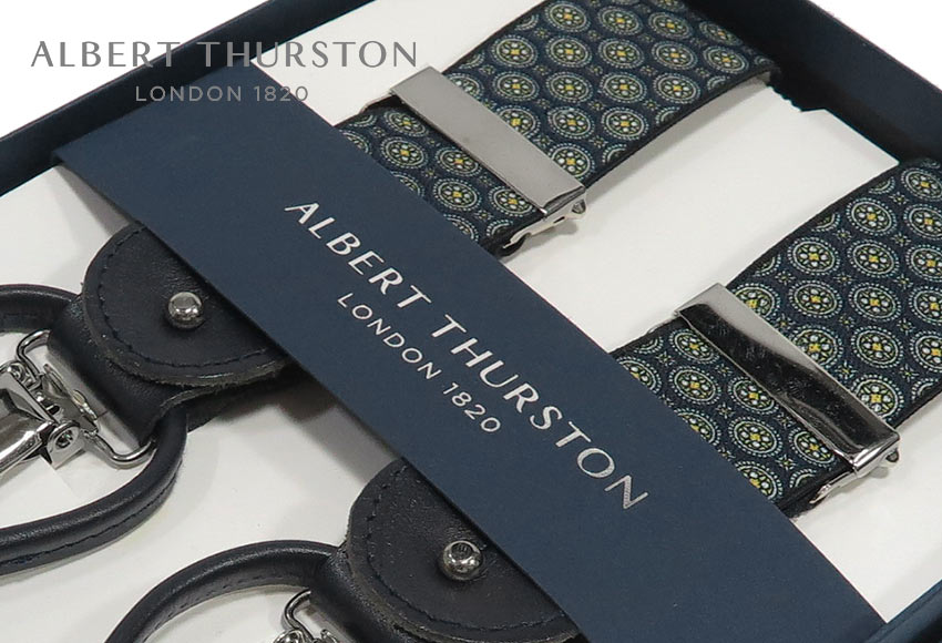 ALBERT THURSTON   アルバートサーストン サスペンダー   帯幅35mm 濃紺地にイエロー×アイボリーの円型風小紋 ALG-01 メンズ 