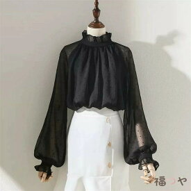 ブラウス ドット柄 レディース トップス プルオーバー 長袖 シースルー ハイネック フリル 裏地 大きいサイズ 春秋冬 シフォン フリルブラウス ぽわん袖 水玉柄