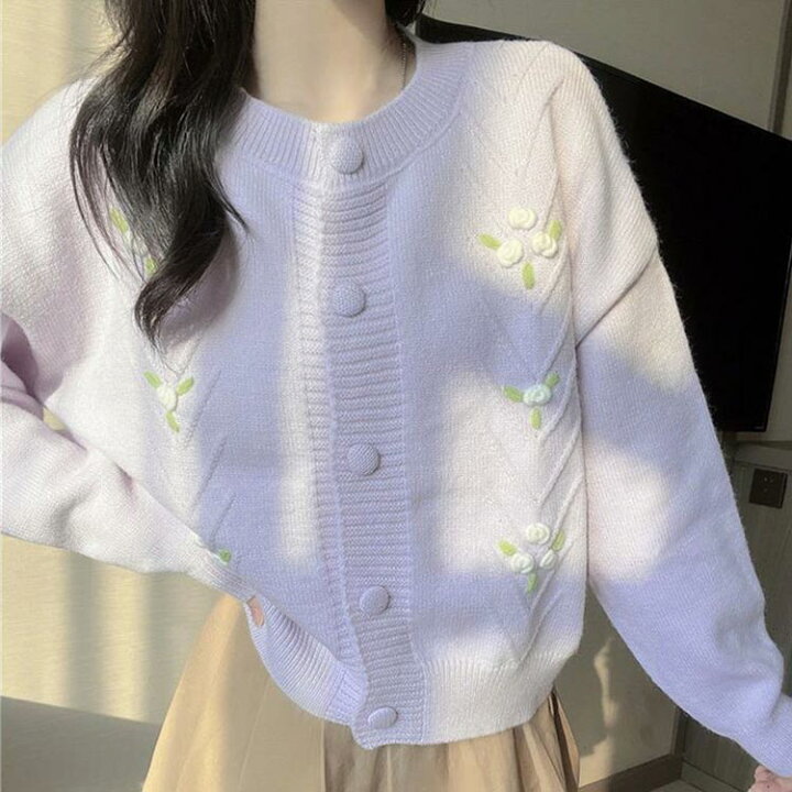 楽天市場】長袖 ニット フラワー刺繍 カーディガン 花柄 ニット  