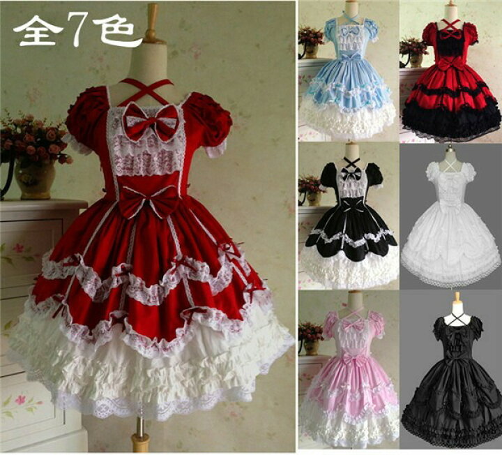 楽天市場 全7色 ロリータ ワンピース ゴスロリ ゴシック コスプレ メイド 衣装 コスチューム カラバリ豊富 かわいい リボン 原宿 赤 黒 白 青い ピンク S L Da280c0c0n1 フルグレース
