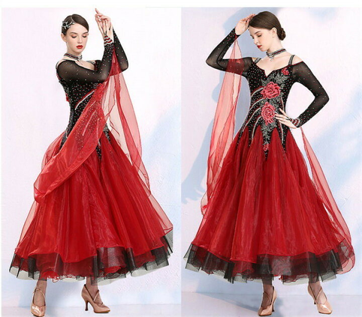 社交ダンス ワンピース モダンドレス 赤 大きいサイズ 長袖 黒 ダンス  