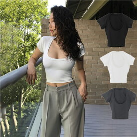 XS-L tシャツ レディース 半袖 トップス 大人 美ライン 韓国風 胸元セクシー トップス スクエアネック おしゃれ 短丈 セクシー 可愛い かわいい Tシャツ Uネック ギャル フェミニン 無地 きれいめ 細身 ブラック ホワイト グレー XS/S/M/L dk111d3d3g5