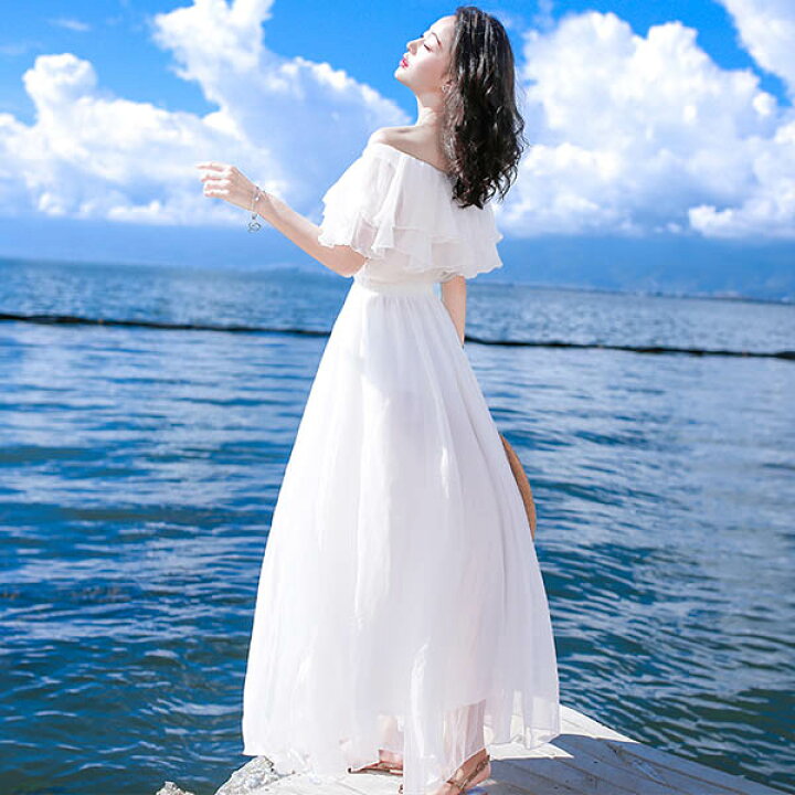 楽天市場】大人可愛い 夏ワンピース 2way オフショルダー 白 ミモレ丈 