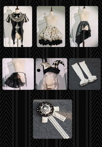 ロリータ コスチューム ハロウィン ピエロ風 ブラウス スカート パンツ 7点セット ゴシック リボン レディース ゴスロリ 暗黒風 ロリィタファッション 長袖 フリル コスプレ 衣装 洋服 可愛