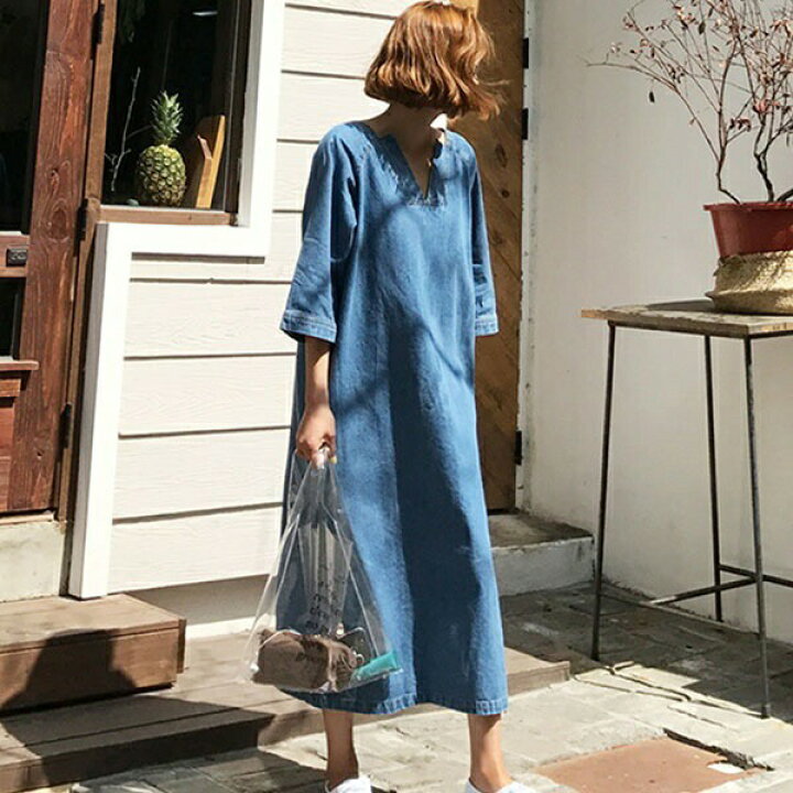 楽天市場 デニムワンピース ロング丈 きれいめ Vネック デニムワンピ 可愛い ゆったり 通勤 春秋 レディース 30代 40代 女子会 おでかけ 旅行 S M L Xld1232s1 フルグレース