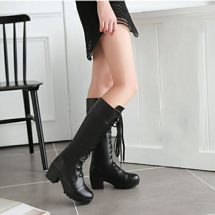 楽天市場】厚底 ブーツ 太ヒール 黒 白 ロングブーツ 美脚 スムース  