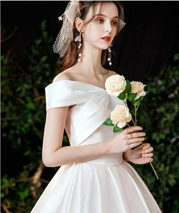 楽天市場】花嫁 ウェディングドレス オフショルダー Aライン サテン 白  