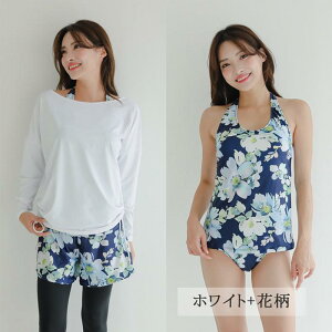 体型カバー水着 セット水着 レディース 体型カバー 4点セット ママ水着 20代 30代 40代 50代 大人 女子 かわいい おしゃれ タンキニ オーバーTシャツ ショートパンツ 大きいサイズ 白 df117zbzbc6