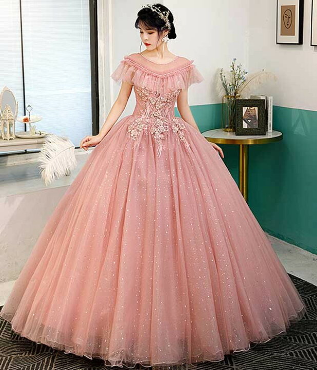 楽天市場】カラードレス ロングドレス 袖あり ピンク ウェディング  