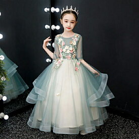 ピアノ発表会 中学生 ワンピース ドレス 女の子 子供ドレス お姫様 着やせ 上品 エレガント 結婚式 子供 フォーマル キッズドレス グリーン 緑 ef046zezen1