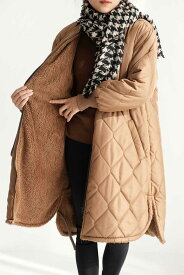 キルティングコート 裏起毛 レディース キルティングジャケット アウター キルティング コート ノーカラージャケット 裏ボア キルティングジャケット ブルゾン ロングコート 体型カバー 膝丈 キルト 暖かい 無地 洒落 送料無料