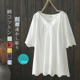 ブラウス シャツ トップス レディース 夏 シャツブラウス 綿シャツ 綿ブラウス 半袖ブラウス 半袖シャツ 透かし彫り vネック ホワイトシャツ 無地 レース切替 体型カバー 半袖 白シャツ チュニック 刺繍 可愛い プルオーバー シンプル カジュアル おしゃれ 送料無料