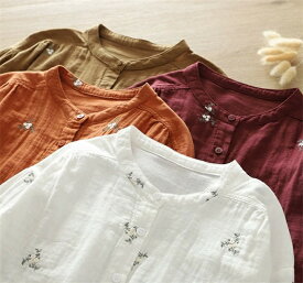 期間限定セール3180円→2862円 ガーゼ シャツ 花柄 刺繍 長袖 バンドカラー 2重ガーゼ シャツブラウス レディース トップス 春 夏 秋 カジュアル ナチュラル ダブルガーゼ 羽織り 体型カバー 柔軟 通勤 シンプル 柔らかい 着回し ガーゼコットン 可愛い 綿100%