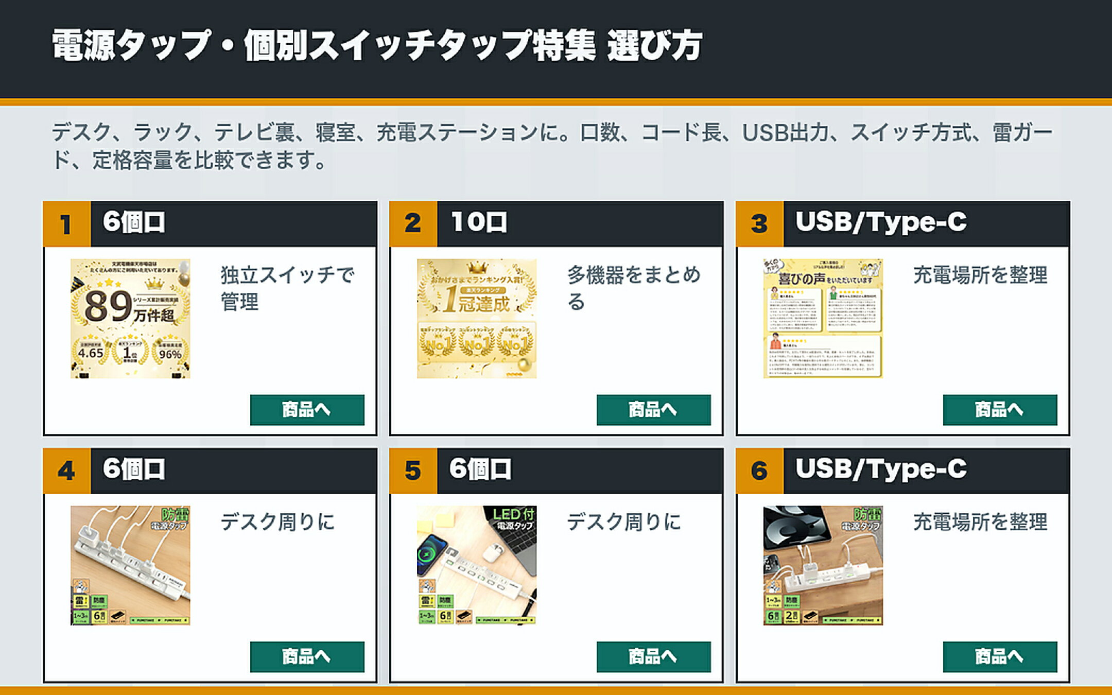 電源タップ 個別スイッチ USB Type-C 10口 雷ガードの選び方