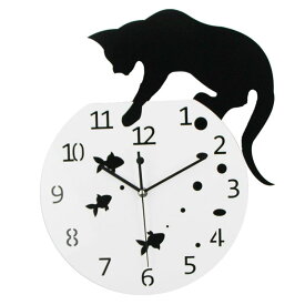 DIY掛け時計 黒猫と金魚のデザイン壁時計 可愛い おしゃれ アンティーク モダン ウォールクロック アクリル素材 インテリア 静音動作 ネコ ねこ 飾り時計 FUNLIFE001