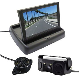 パーキングセンサー搭載バックカメラと車載モニターセット 5インチ折畳モニター ダブルレーダー 警報ブザー 広角カメラ 距離表示 安全駐 MOT50PSBC3IN1