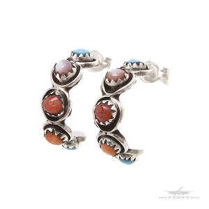 【FUNNY公式ストア】ズニ族 Florenda Lonasee マルチストーン ハーフフープ ピアス インディアンジュエリー ターコイズ コーラル スパイニーオイスター シェル スターリングシルバー シルバー925