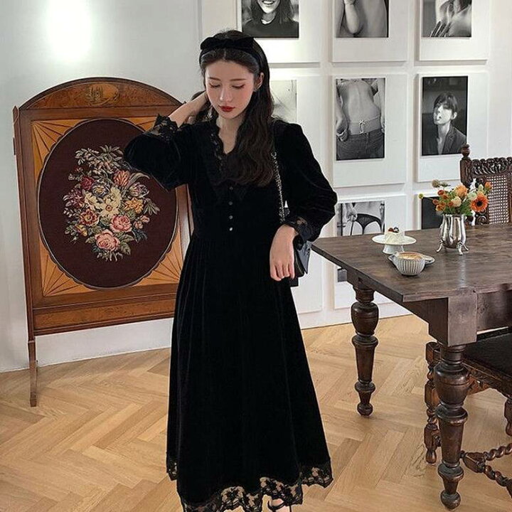 楽天市場 ベロアワンピース 送料無料 ワンピース ドレス Dress フレアワンピース ロングドレス レースvネッククラシカルワンピース Vネックベロアロングワンピース 演奏会ドレス ワンピースドレス ひざ下 ミモレ ロング丈 長袖 ボリューム袖 Funny Bunny