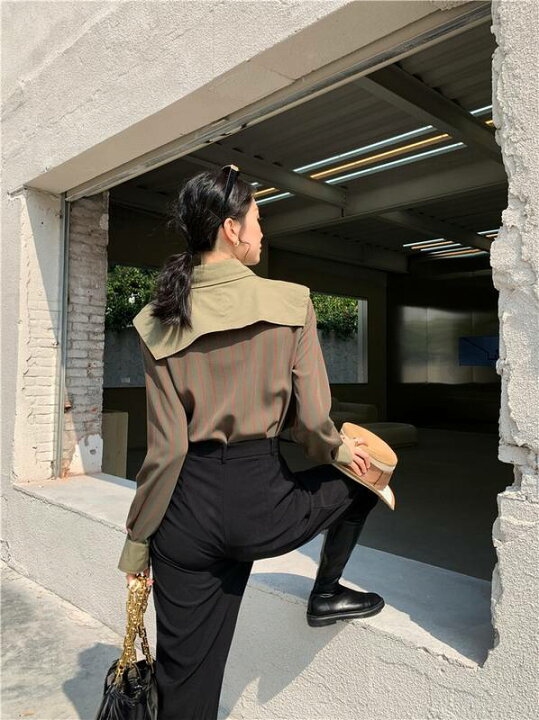 楽天市場 デザイン シャツ トップス 袖あり 長袖 ブラウス 襟付き クール モード カジュアル おしゃれ お洒落 かっこいい 大人女子 メンズライク マニッシュ ボーイッシュ カーキ 無地 春 夏 秋 10代 代 30代 40代 50代 通勤 学生 通学 お出かけ