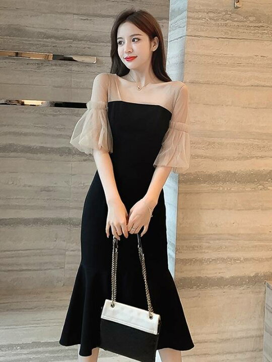 楽天市場 ワンピース ドレス 送料無料 マーメイド パーティードレス シースルー シフォン バイカラー 半袖 ミモレ丈 タイト フリル おしゃれ ロマンチック ガーリー キュート かわいい こなれ感 体形カバー エレガント モダン フェミニン 上品 Funny Bunny