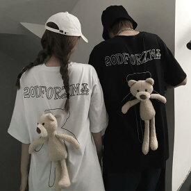 Tシャツ ぬいぐるみ付き レディース トップス 送料無料 2色 メンズ ユニセックス 男女兼用 ブラック ホワイト M L XL シンプル 無地 クマ付き ラウンドネック 春 夏 オーバーサイズ 半袖 五分袖 ドロップショルダー バックプリント