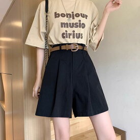 レディース パンツ ボトムス キュロットパンツ ショートパンツ ショート ワイド Aライン タック ベルト ポケット ハイウエスト ハリ感 大人可愛い シンプル カジュアル おしゃれ レトロ こなれ感 ラフ ルーズ 抜け感 ラグジュアリー カレッジ風