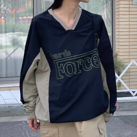 【FunnyBunny】 レディース トップス プルオーバー トレーナー 長袖 Vネック スポーティー レトロ ラフ ストリート カジュアル ナイロン メンズライク ラグラン 個性的 ルーズ おしゃれ アメカジ ヴィンテージ 配色 かっこいい ボーイッシュ ワイド