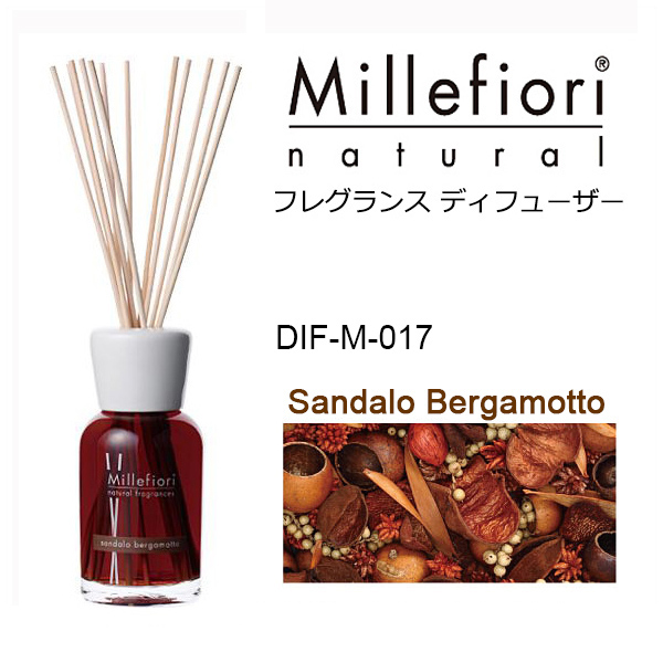 【公式】Millefiori サンダルベルガモット フレグランス リード ディフューザー M ナチュラルシリーズ ルームフレグランス Sandalo Bergamotto