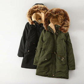 レディースコートモッズコートファーコートアウター 裏起毛 フェイクファー付ジャケット中綿コートファーフード付きもこもこ暖かい冬