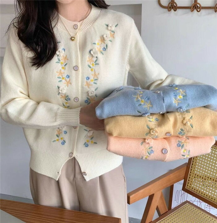 楽天市場】花柄刺繍カーディガン 秋新作 カーディガン レディース 丸首 