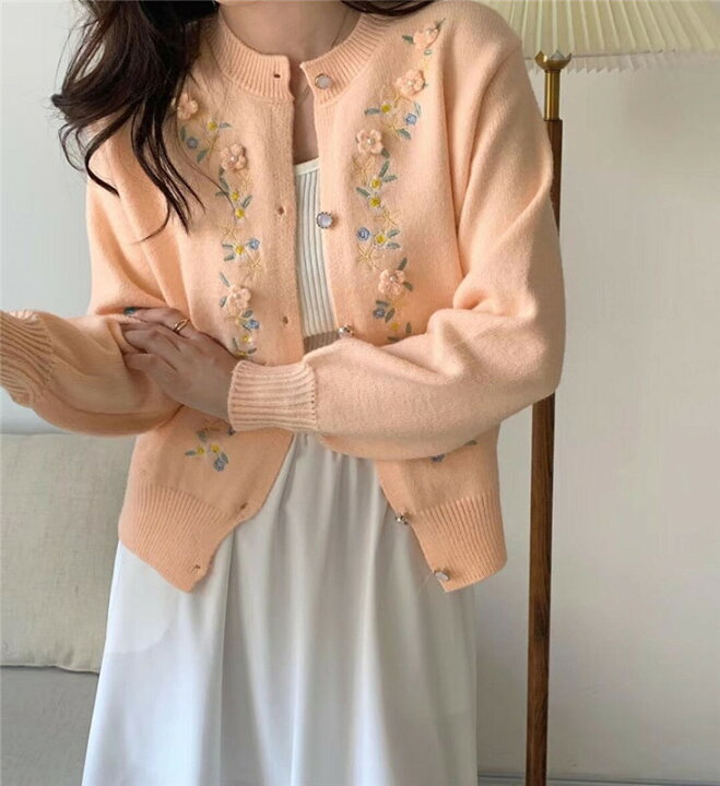 楽天市場】花柄刺繍カーディガン 秋新作 カーディガン レディース 丸首  
