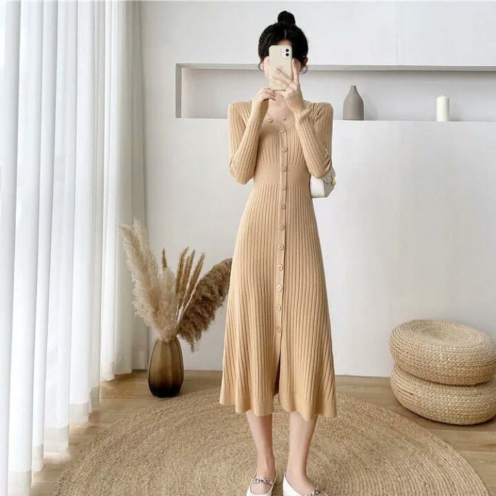 楽天市場】ニットワンピース タイトワンピース Vネック 無地 スリム  