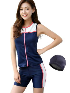 CHOOSEWAY レディース フィットネス水着 セパレート めくれ防止 体型カバー 日焼け対策 女性用スポーツ水着 三角型と丸型ブラカップ付き スイミングキャップ付き