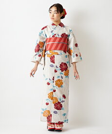 単品 浴衣「縞椿」公式 ふりふ ふりふセレクト浴衣 レディース 女性 ゆかた yukata 花柄 総柄 白地 椿 つばき ツバキ 古典柄 レトロ モダン 粋 涼しげ お洒落 華やか シンプル 大人女子 しっとり 大正ロマン 花火 お祭り 20代 30代 40