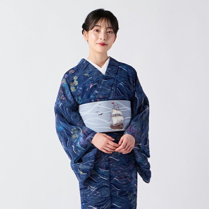 オリジナル浴衣・半巾帯セット「あぶ金魚」(FREE ブルーグレー 
