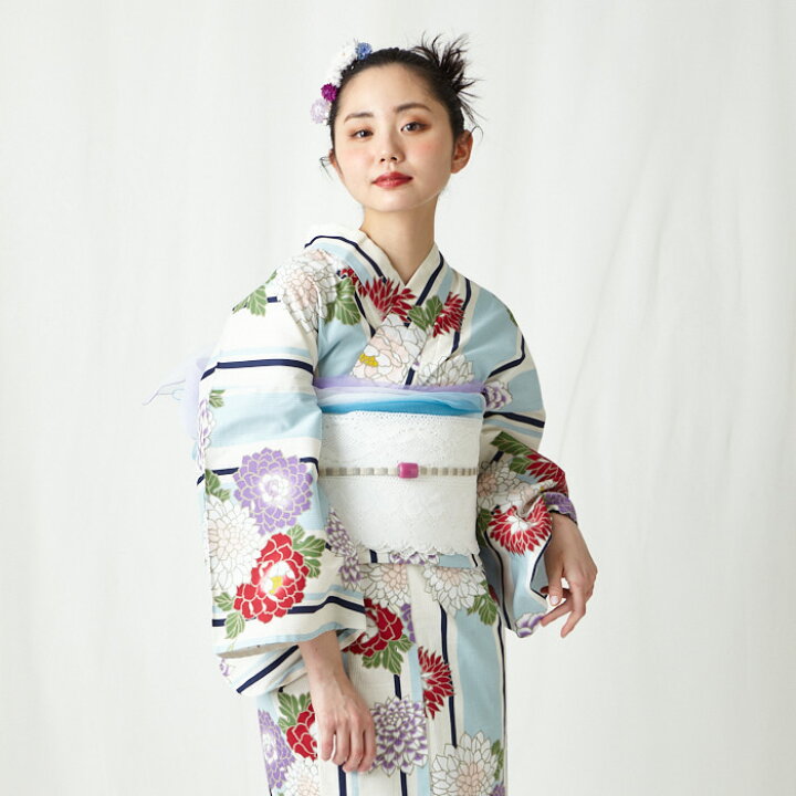 楽天市場】【セール40%オフ】単品 浴衣「縞花に牡丹」公式 ふりふ 浴衣  