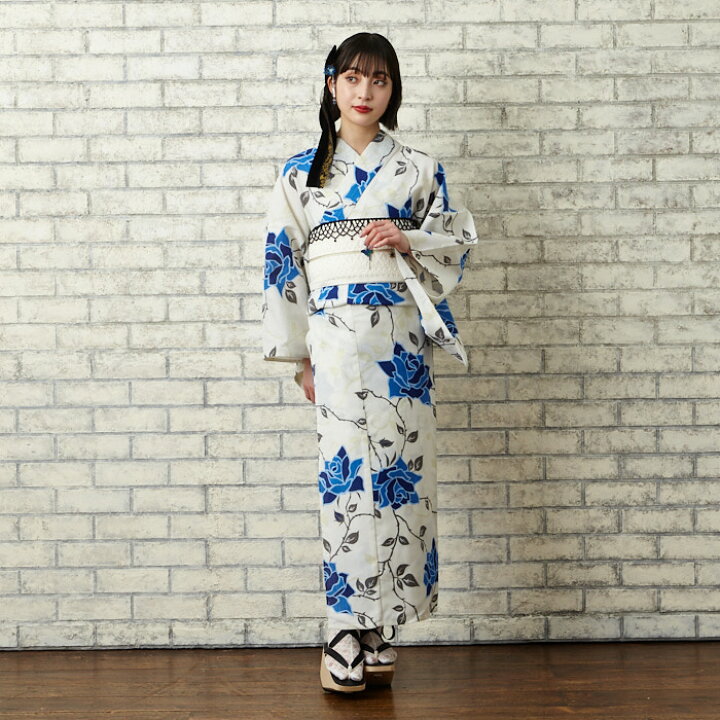 浴衣反物白地に青モダン薔薇柄 