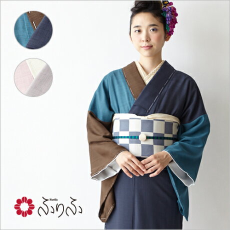 着物・小紋「麻調パッチワーク」ふりふオリジナル着物【小紋きものkimono結婚式入学式卒業式パーティー2次会仕立て上がりプレタフリーサイズレトロモダンかわいいおしゃれ着華やか和色ベージュ紺】