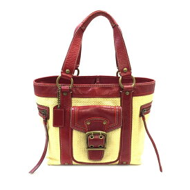 【送料無料】 コーチ カゴバッグ ベージュ 赤 レッド M05K-113 トートバッグ ストロー キャンバス レザー 中古 COACH 女性 レディース 人気 定番 オシャレ ハンドバッグ ポケット豊富 無地 シンプル ライン ゴールド金具 チャーム付き 通勤 通学 ブランド 本物 鑑定済み