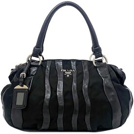 【送料無料】 プラダ トートバッグ ブラック シルバー BL0538 美品 ナイロン レザー 中古 PRADA 黒 ストライプ ファスナー シンプル 定番 人気 異素材 ロゴ ワンポイント シルバー金具 レディース メンズ ユニセックス 男女兼用 お洒落 高級感 上品 ブランド 本物 鑑定済み