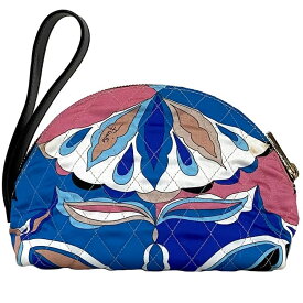 【送料無料】 エミリオプッチ ポーチ ブルー ピンク ブラック 8USF18 美品 ポリエステル レザー 中古 Emilio Pucci 小物入れ キルティング ファスナー コスメ 化粧 定番 人気 青 黒 カラフル プッチ柄 マチ有 エレガント 高級感 お洒落 上品 個性 柄 ブランド 本物 鑑定済み