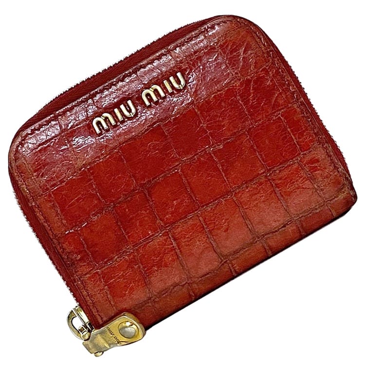 【送料無料】 ミュウミュウ コインケース ec-22044 レッド 小銭入れ レザー 中古 197A miu miu ヴィンテージ クロコ風 ファスナー ミニ コンパクト ロゴ 財布 革 赤 女性 レディース 小さい ワンポイント ケース 小銭 小物 エレガント 高級感 上品 ブランド 本物 鑑定済み